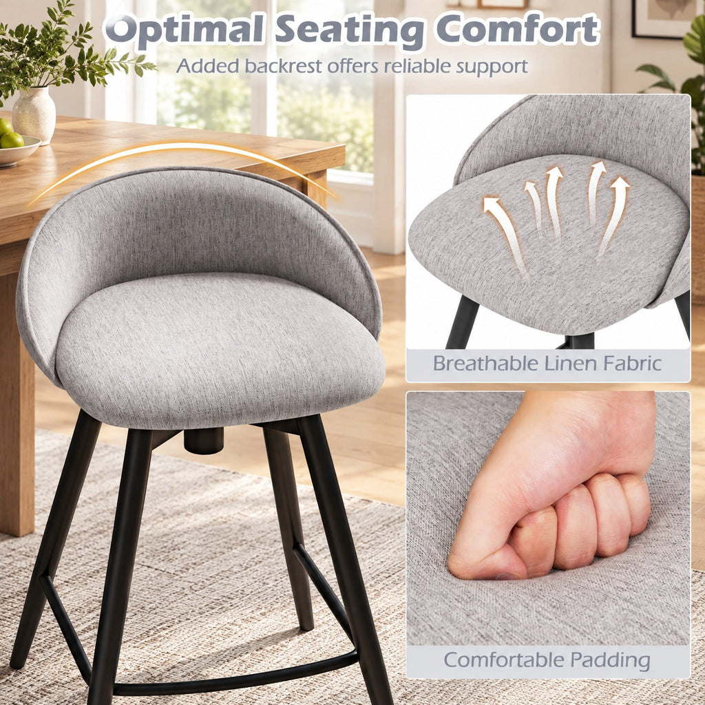 Airfind Upholstered Bar Stools Set of 2 with Footrest and Backrest, 330 lbs Capacity, Metal Linen Fabric Sponge Frame, Gray