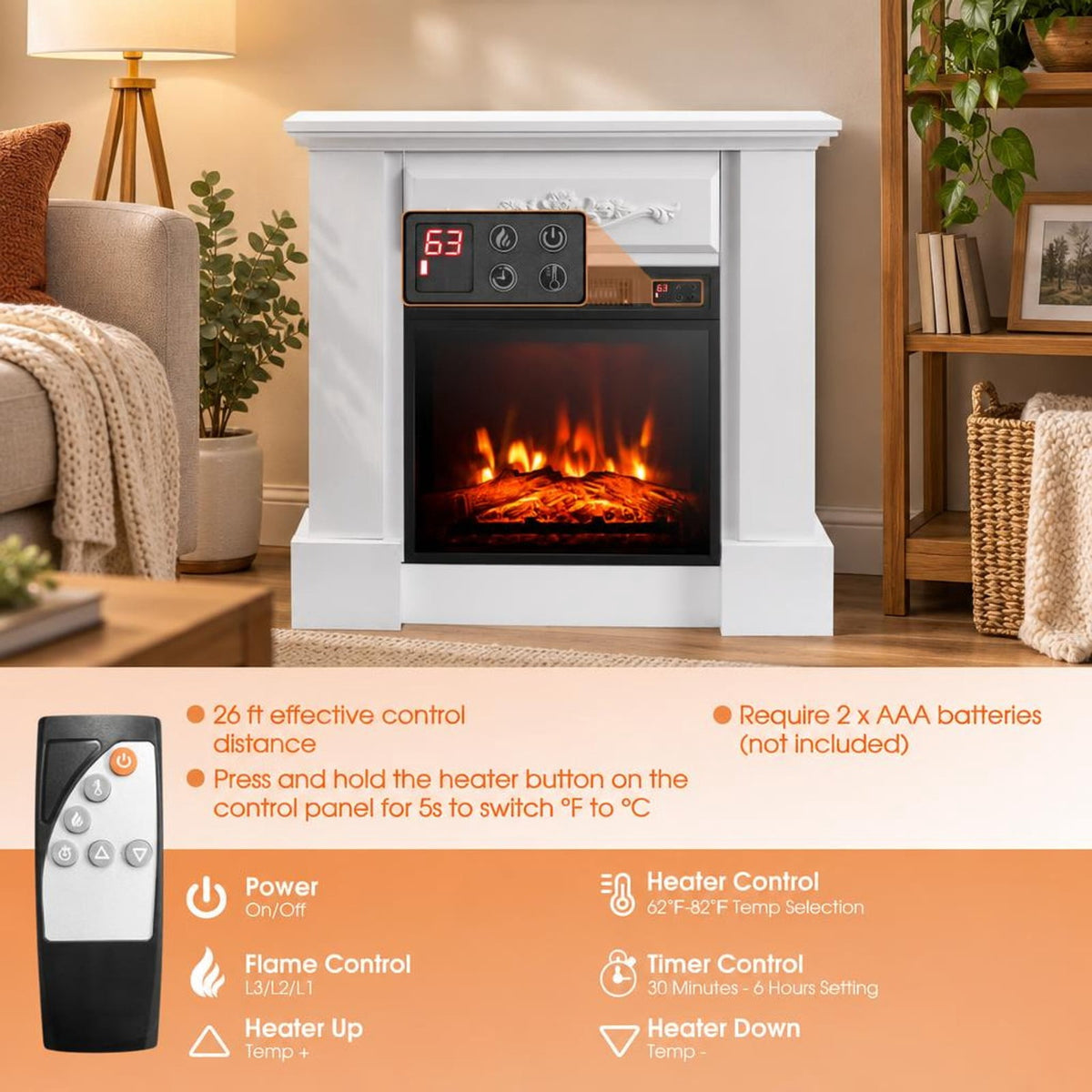 Airfind 1400W TV Stand Electric Fireplace Mantel with Remote Control, 22 lbs Capacity, MDF PB Steel plastic tempered glass Frame, White