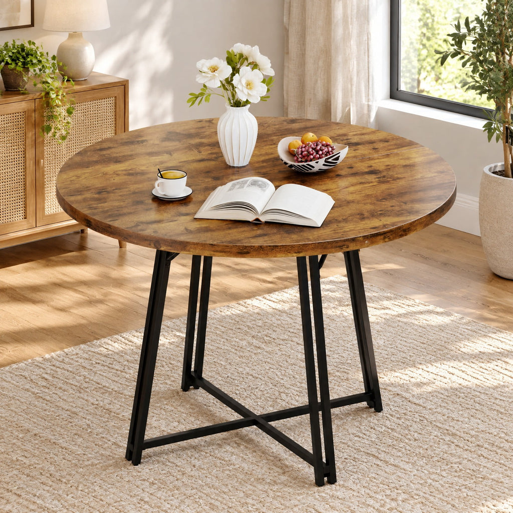 Airfind 47 Inch Dining Table for 4-6 People Round Kitchen Table with Cross Base, 200 lbs Capacity, Metal MDF Frame, 47 x 30.5 Footprint, Brown