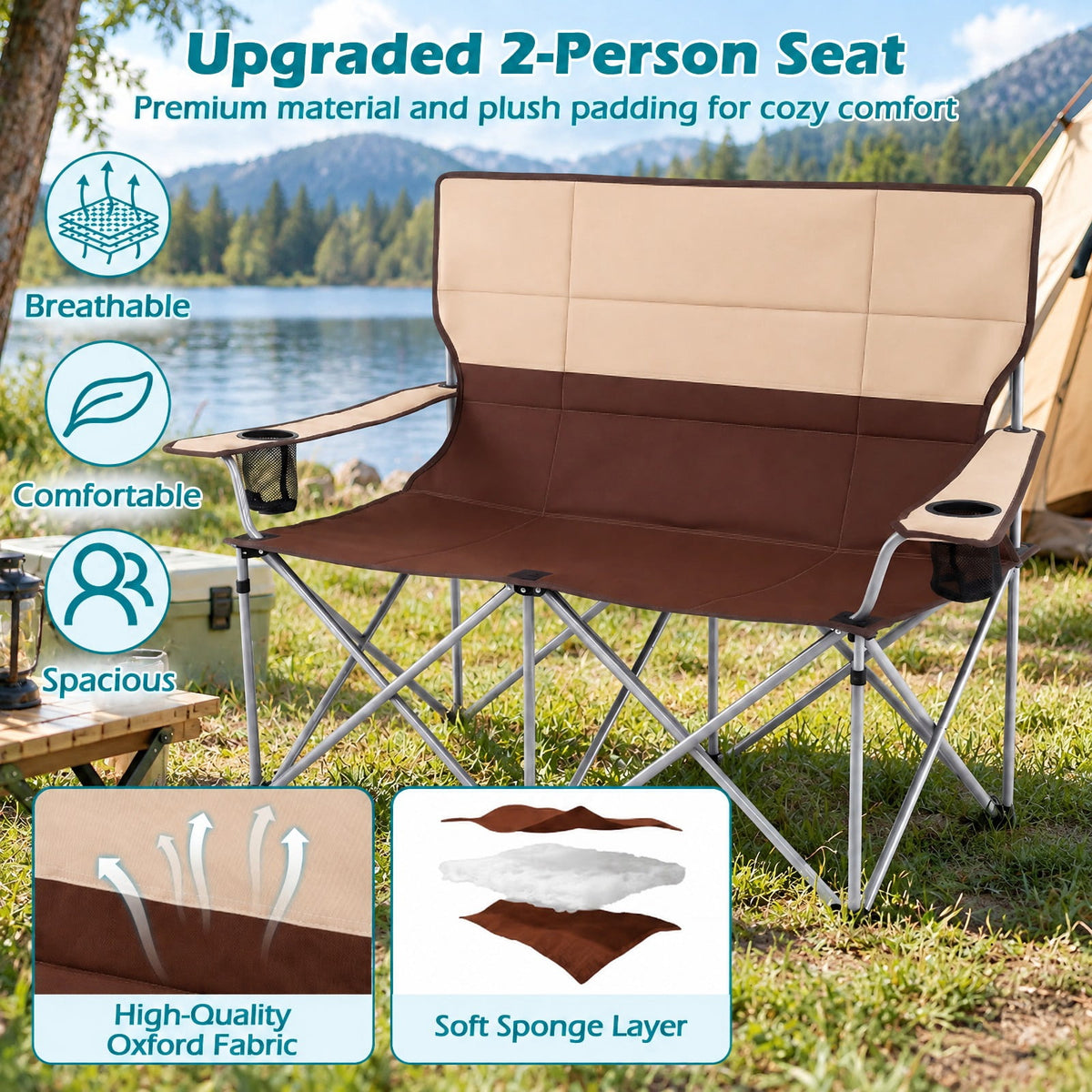 Airfind Double Camping Chair with Carry Bag Cup Holders, 660 lbs Capacity, Metal Oxford Fabric Sponge, 40 Inch x 20.5 Inch x 36.5 Inch , Brown