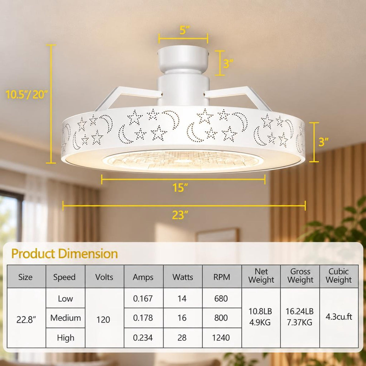 Airfind 23 Inch Ceiling Fan with LED Light and Remote Control, Iron ABS Frame, 23 Inch x 10.5 Inch - 20 Inch Footprint for Everyday Use, White