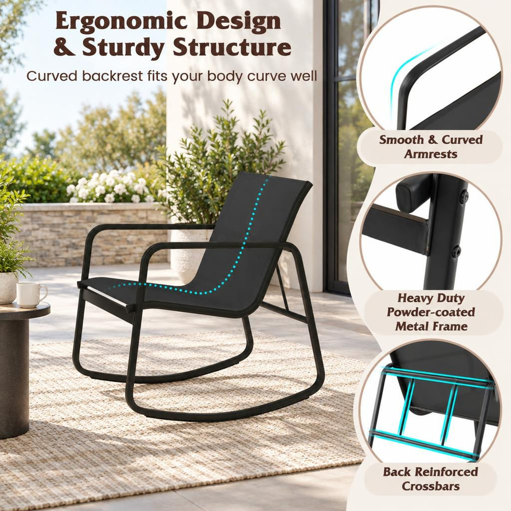 Airfind 2 Rocking Bistro Chairs and Glass-Top Table for Porch Yard Balcony, 330 lbs Capacity, Metal Fabric Tempered Glass Frame, Black