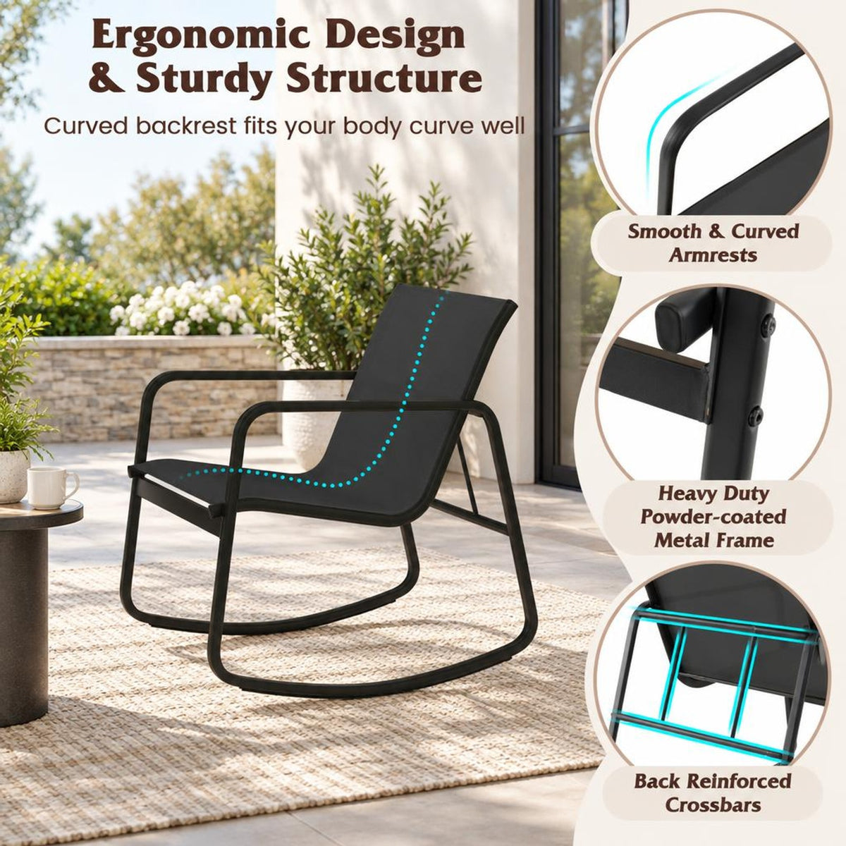 Airfind 2 Rocking Bistro Chairs and Glass-Top Table for Porch Yard Balcony, 330 lbs Capacity, Metal Fabric Tempered Glass Frame, Black