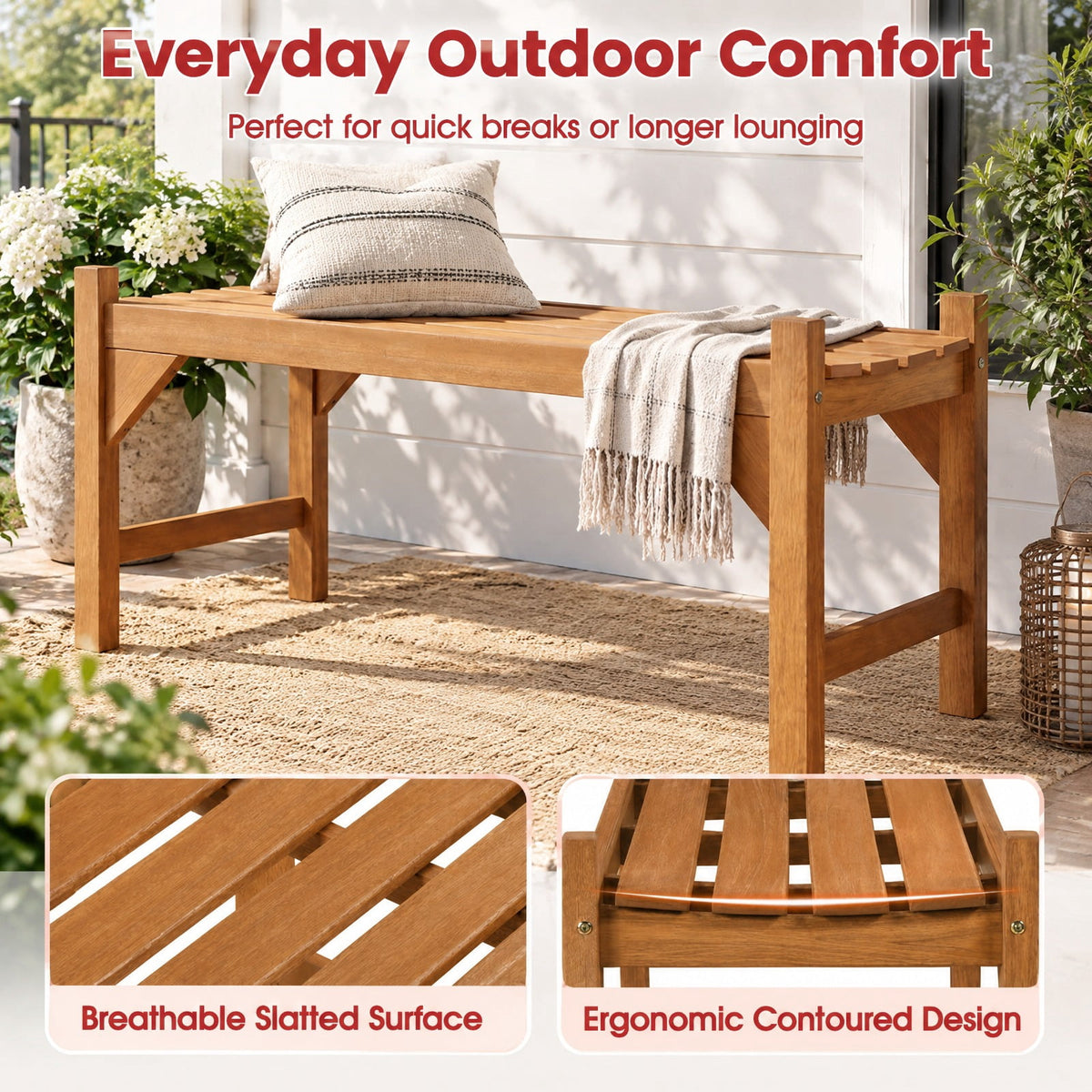 Airfind 40 Inch Outdoor Bench with Slatted Contoured Seat for Deck Entryway-1 Piece, 530 lbs Capacity, Solid Hardwood Frame, Natural