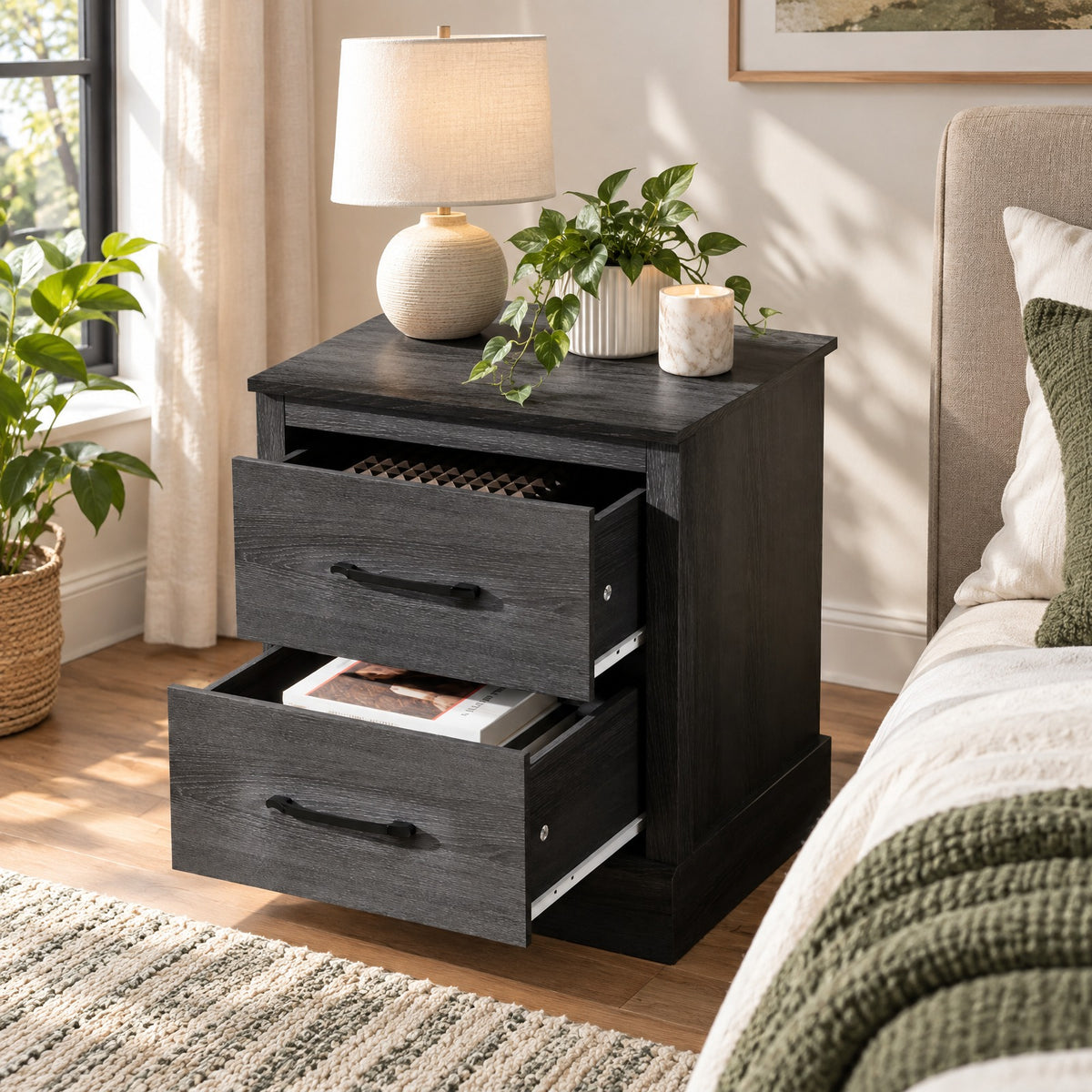 Airfind Wood Compact Floor Nightstand with Storage Drawers, 66 lbs Capacity, Engineered Wood Zinc Alloy Frame, 18.5 x 16 x 21.5 Footprint