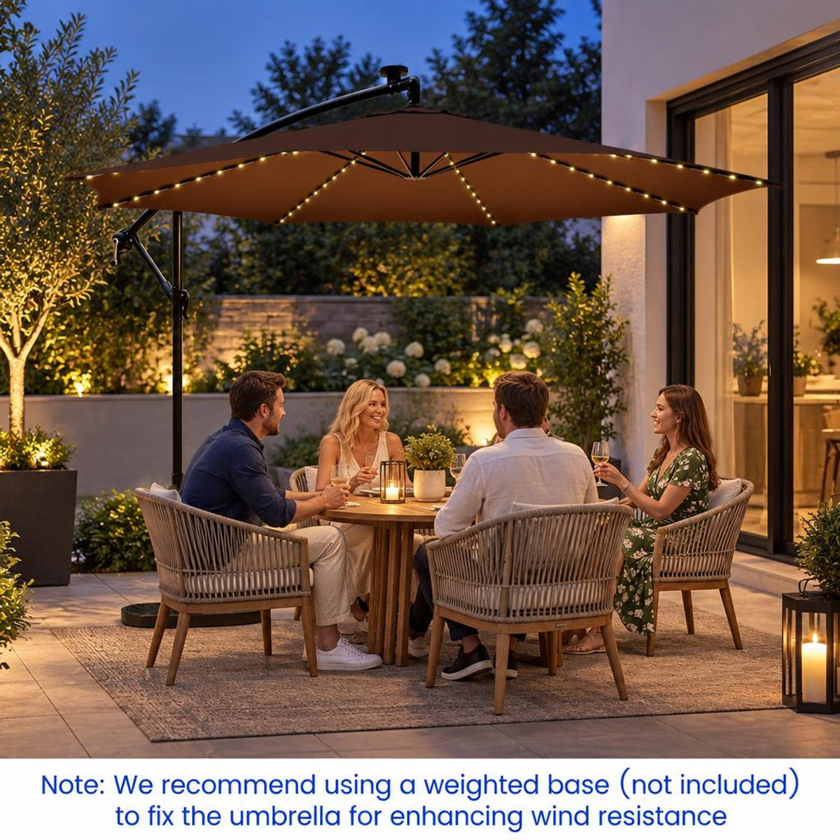 Airfind 10 Feet Patio Offset Umbrella with 112 Solar-Powered LED Lights-Beige, Polyester Fabric Metal Frame, 10 x 8 ft Footprint, Coffee