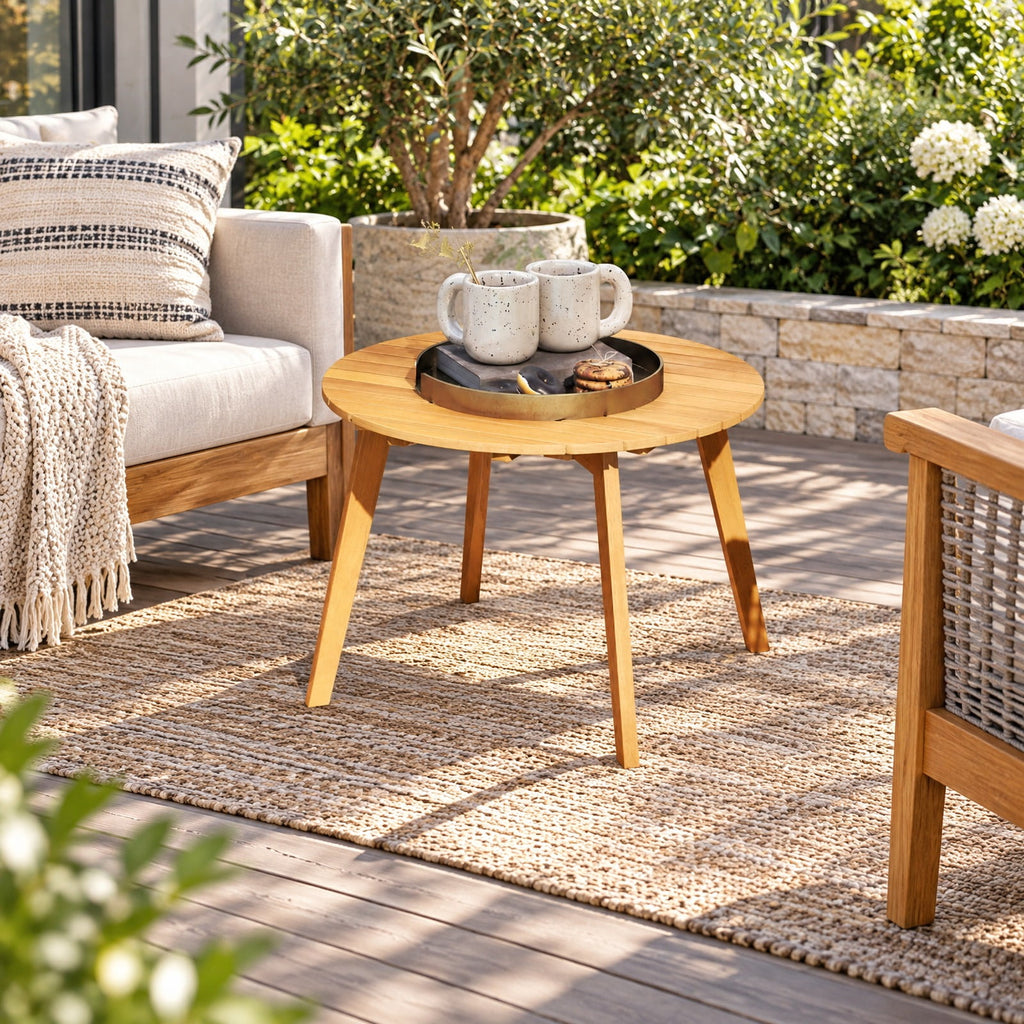 Airfind Round Outdoor Acacia Wood Side Table with Slatted Tabletop, 165 lbs Capacity, Acacia Wood Frame, 24.5 x 24.5 x 16 Footprint, Wood