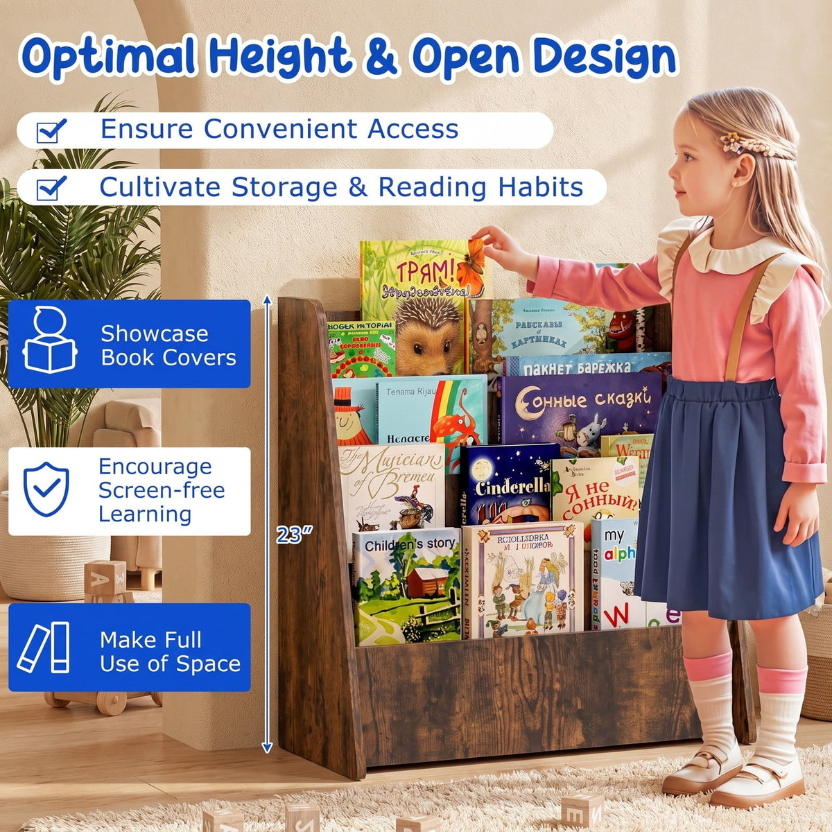 Airfind 4-Tier Kids Bookshelf with Deep Compartments for Bedroom, 22.5 x 10.5 x 23 inch Footprint, Brown
