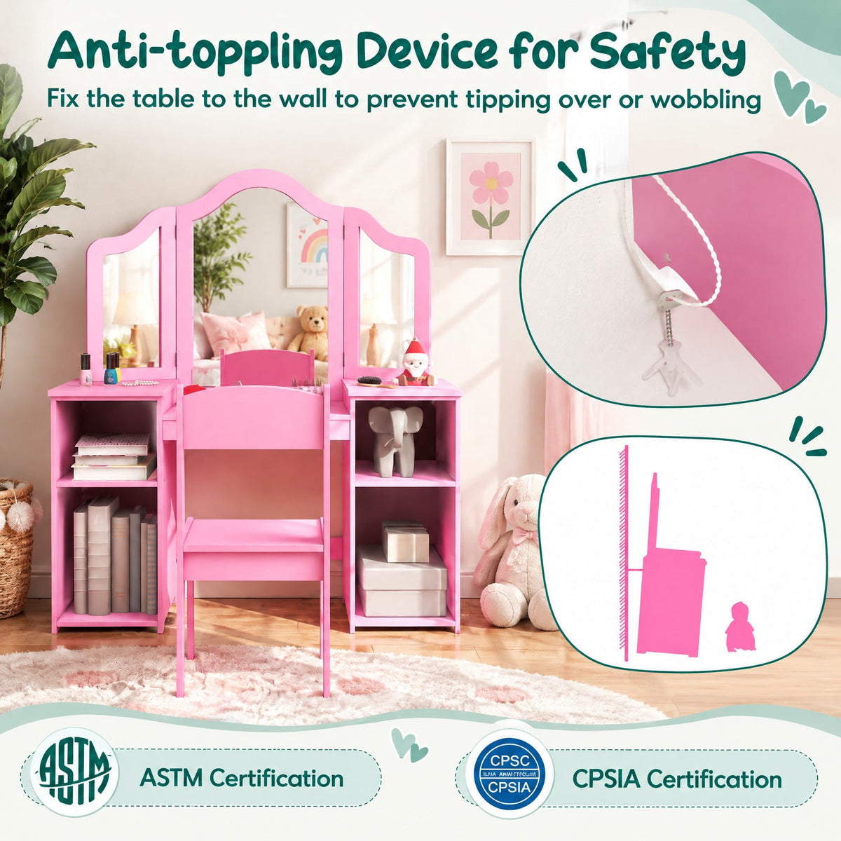 Airfind Kids Vanity Table and Chair Set with Removable Tri-Folding Mirror, 220 lbs Capacity, MDF Acrylic Frame, for 3+ Years Old, Pink