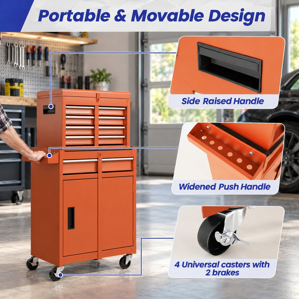 Airfind 2-in-1 Rolling Tool Chest with 5 Sliding Lockable Drawers, 220.5 lbs Capacity, Steel rubber-plastic synthetic Frame, Orange