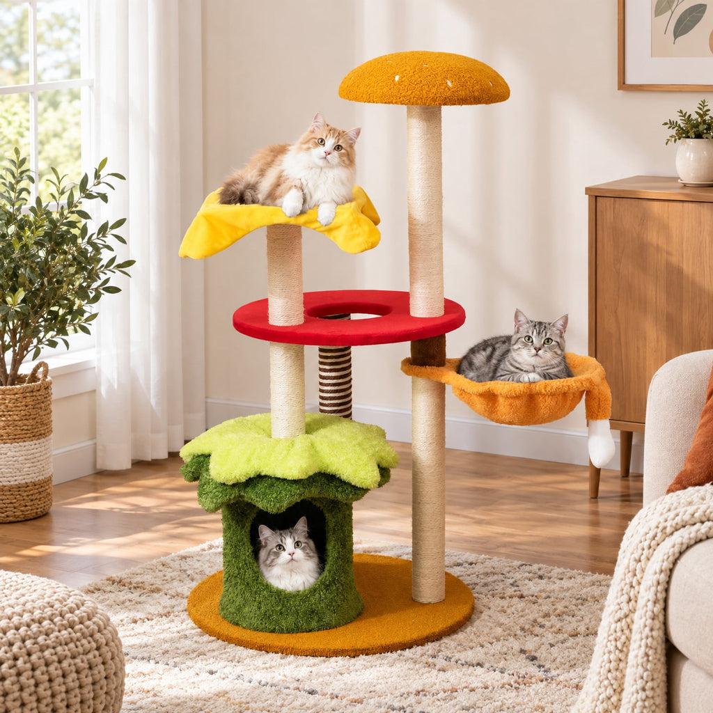 Airfind 46 Inch Tall Cat Tree Multi-Level with Padded Perch and Hanging Basket Bed, 22 lbs Capacity, 24 Inch x 46 Inch (Dia. x H) Condo Footprint, Yellow