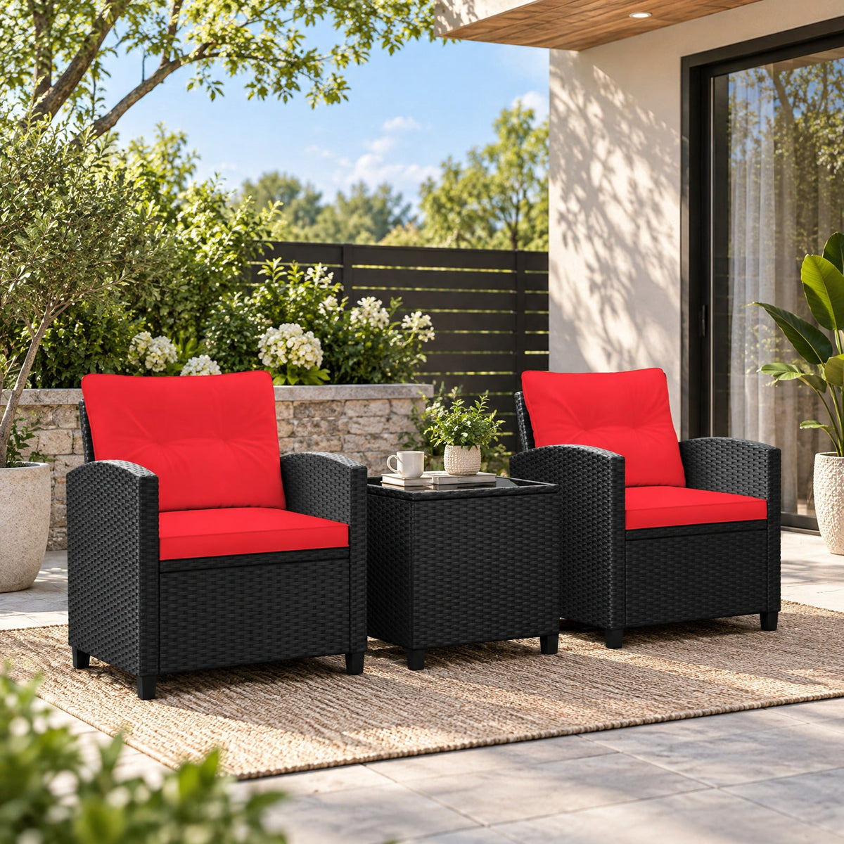 Airfind 3 Pieces Patio Furniture Set with Tempered Glass Coffee Table, 400 lbs Capacity, PE Rattan Metal Tempered Glass Polyester Sponge Frame, Red