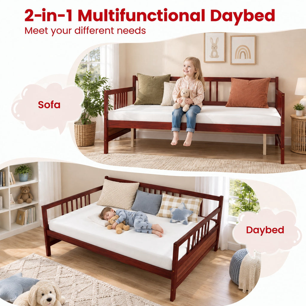 Airfind Classic Wooden Full Size Daybed Frame with Guardrails, 250 lbs Capacity, Pine wood plywood MDF Frame, Brown