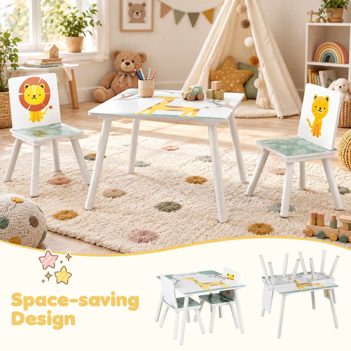 Airfind 3 Pieces Kids Table and Chairs Set with Animal Patterns for Aged 3-6 Years Old, 44 lbs Capacity, Pine Wood, for 3-6 Years Old