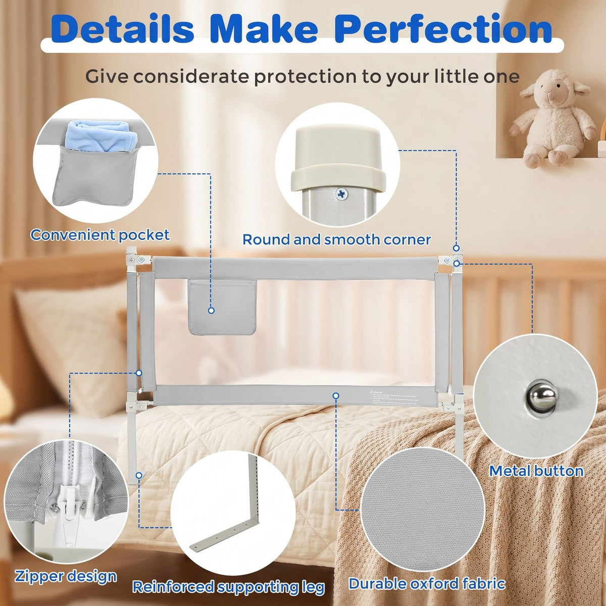 Airfind 57 Inch Toddlers Vertical Lifting Baby Bed Rail Guard with Lock, Steel oxford fabric Frame, 57 x 10 x 40 Footprint, Grey
