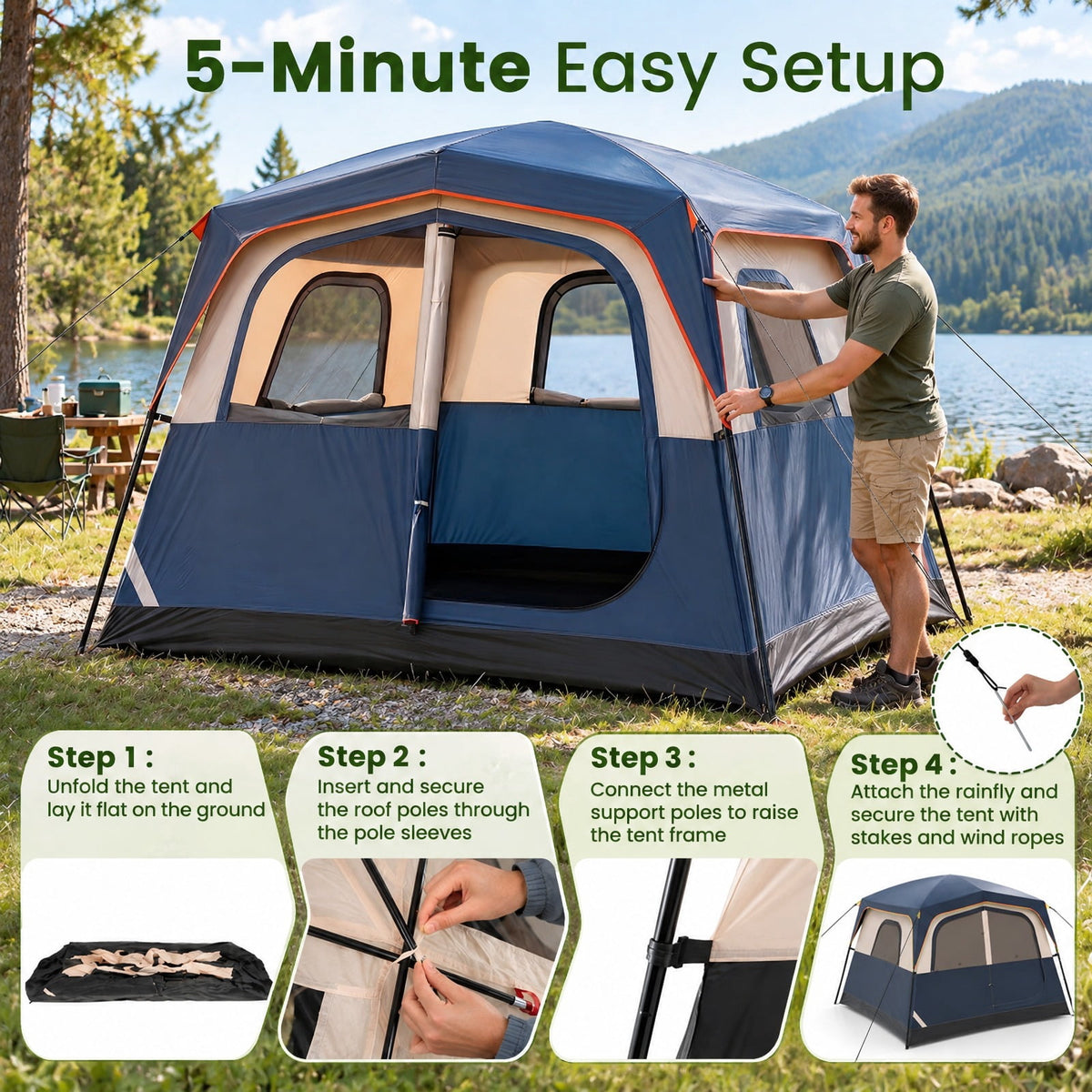 Airfind 6-Person Camping Tent Easy Setup Family Cabin Tent with Top Rainfly Mesh Windows, Fabric Fiberglass Metal Frame, 10 x 9 x 7 ft Footprint
