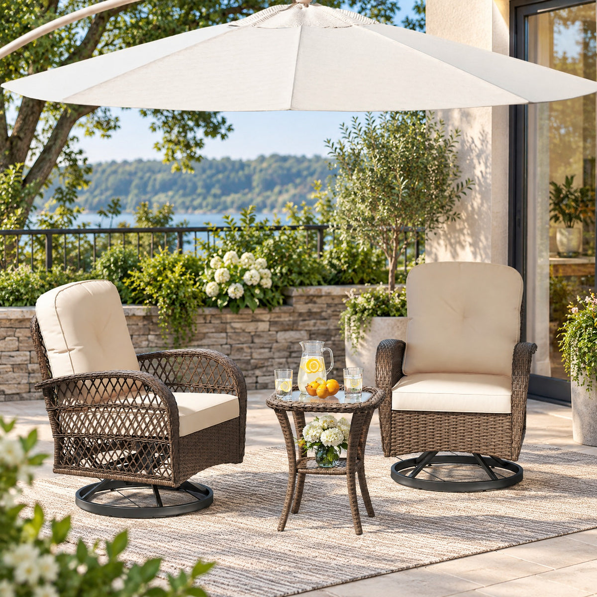 Airfind 3 Piece Patio Swivel Rocker Set with Tempered Glass Side Table and Thick Cushions, Seat 400 lbs Capacity, 33.5 x 29 x 35 Footprint, Brown