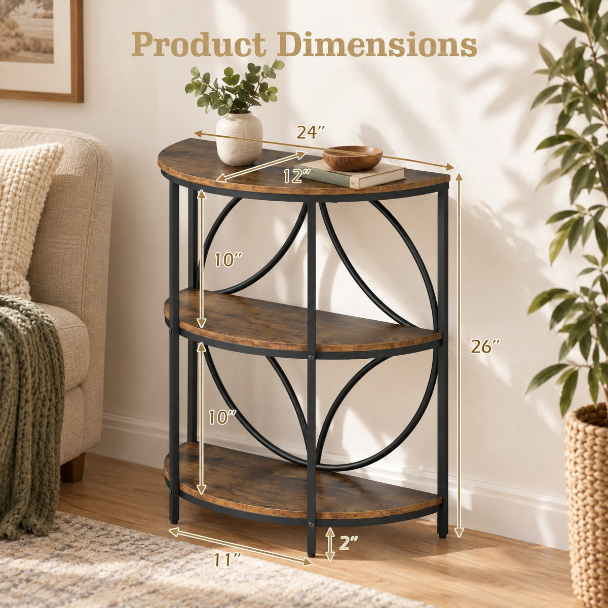 Airfind 3, Tier Half Round End Table with Study Metal Frame for Living Room, Rustic Brown, Smooth rounded edges ensure reliable safety during use