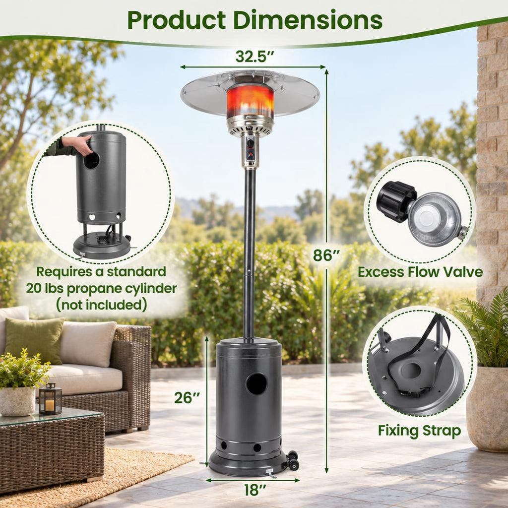 Airfind 50 000 BTU Patio Propane Gas Heater with Stainless Steel Burner, Stainless Steel Metal Aluminum Frame, 32.5in x 86in Footprint, Gray