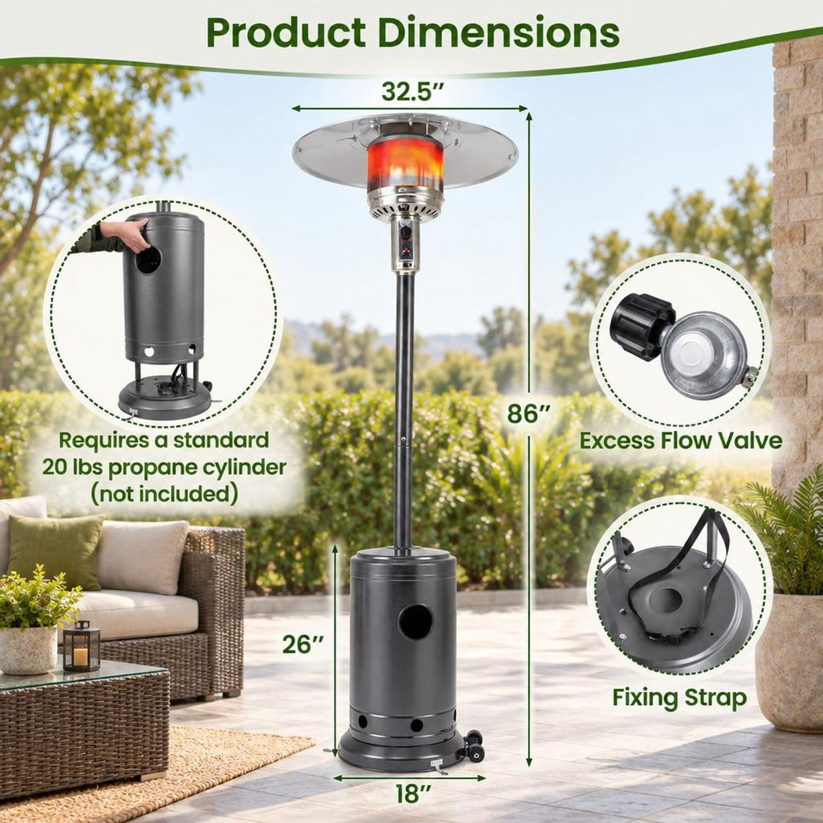 Airfind 50 000 BTU Patio Propane Gas Heater with Stainless Steel Burner, Stainless Steel Metal Aluminum Frame, 32.5in x 86in Footprint, Gray