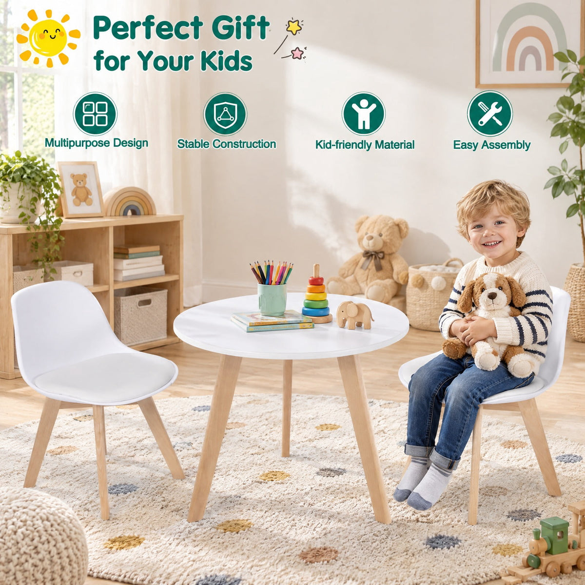 Airfind Modern Kids Activity Play Table and 2 Chairs Set with Beech Leg Cushion, 176 lbs Capacity, MDF beech wood PP Frame, 23.5 x 20 Footprint