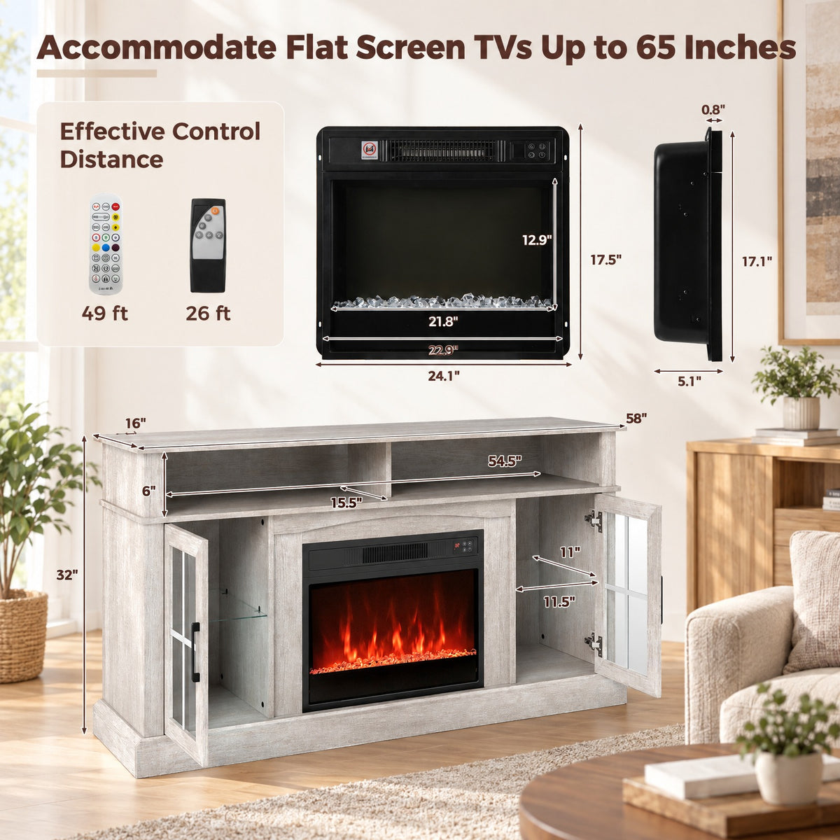 Airfind 58 Inch Fireplace TV Stand with LED Lights with Storage Cabinets and Glass Doors, 70 lbs Capacity, MDF Metal Tempered Glass Frame, Gray