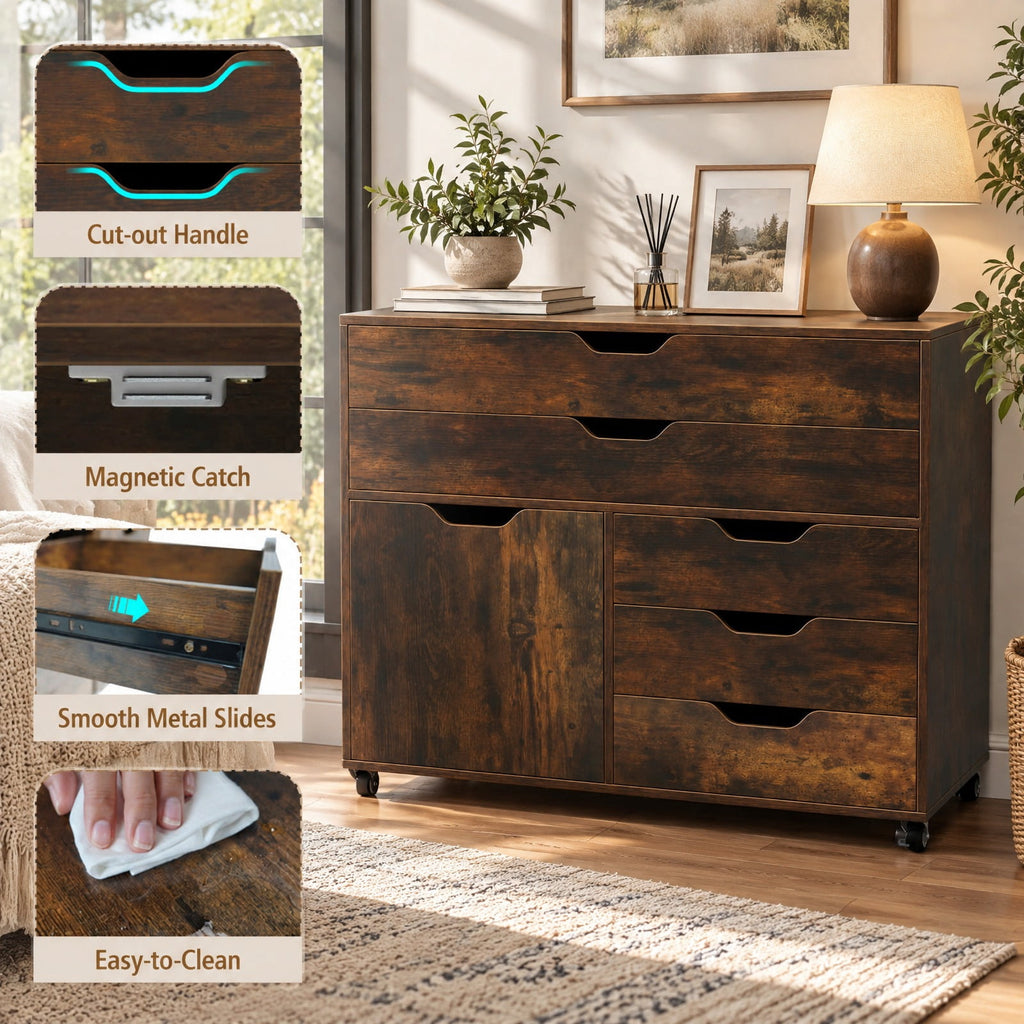 Airfind Modern Vertical 5-Drawer Mobile Chest with Door 5 Casters, 220 lbs Capacity, Engineered Wood MDF Metal Frame, 30.5in x 16in x 25in Footprint