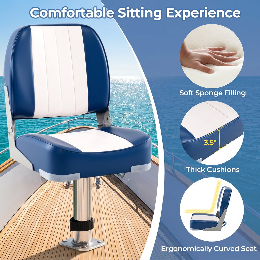 Airfind 2-Pack Folding Low-Back Boat Seats for Fishing Boat, Pontoon Runabout ¡ª Marine PVC Leather, Aluminum Hinges, 5 x 5 Bolt Pattern, 330 lb Rated (Blue White)