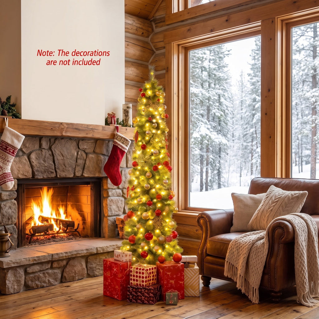 Airfind 6/7/8 FT Pre-Lit Pencil Artificial Christmas Tree with 120/150/200 LED Warm White Lights and 8 Modes, White