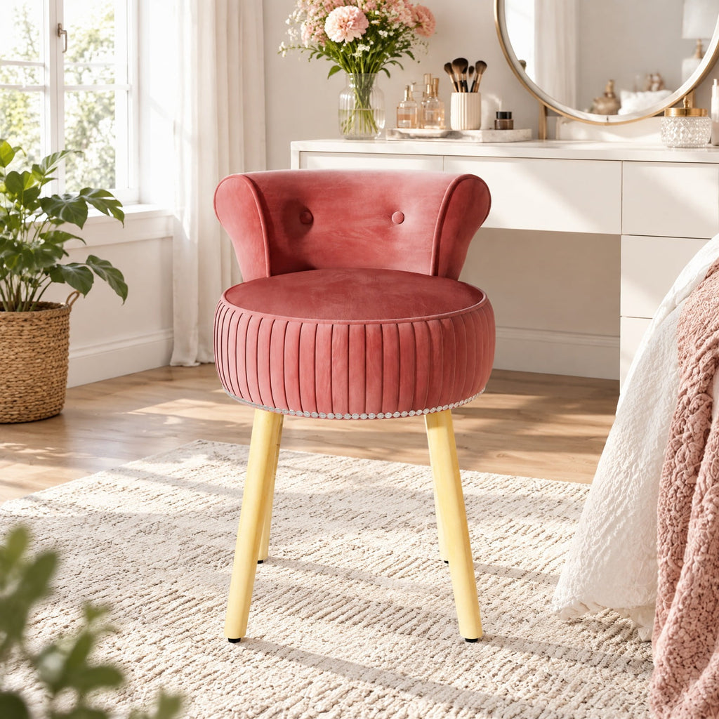 Airfind Velvet Vanity Chair with Back Upholstered Vanity Stool with Tufted Low Back and Solid Wood Legs, 234 lbs Capacity, Rubber Wood Frame, Pink