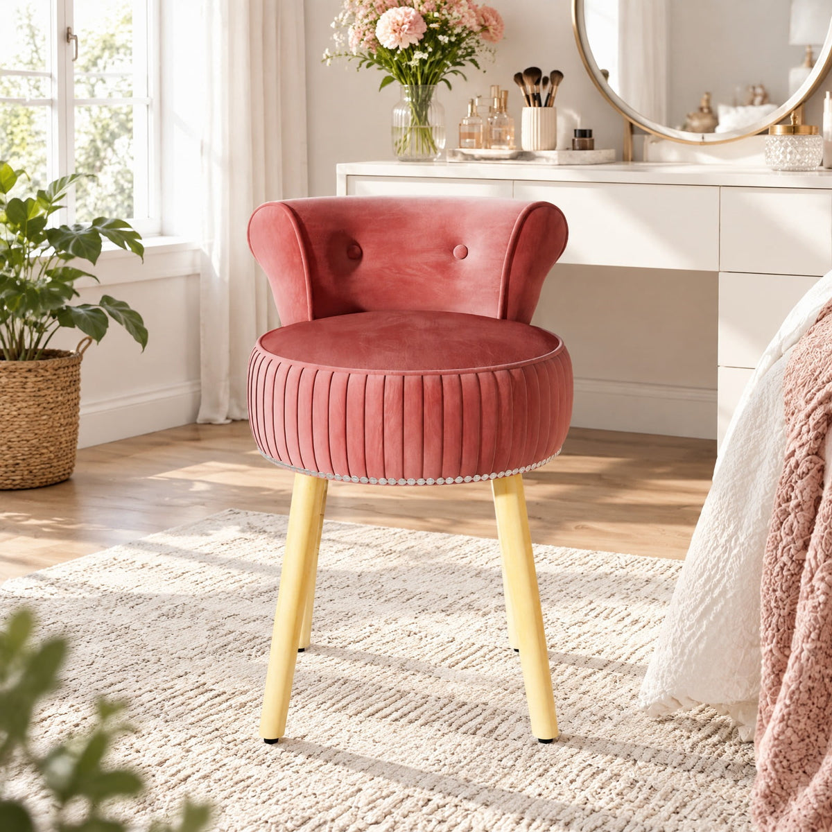 Airfind Velvet Vanity Chair with Back Upholstered Vanity Stool with Tufted Low Back and Solid Wood Legs, 234 lbs Capacity, Rubber Wood Frame, Pink