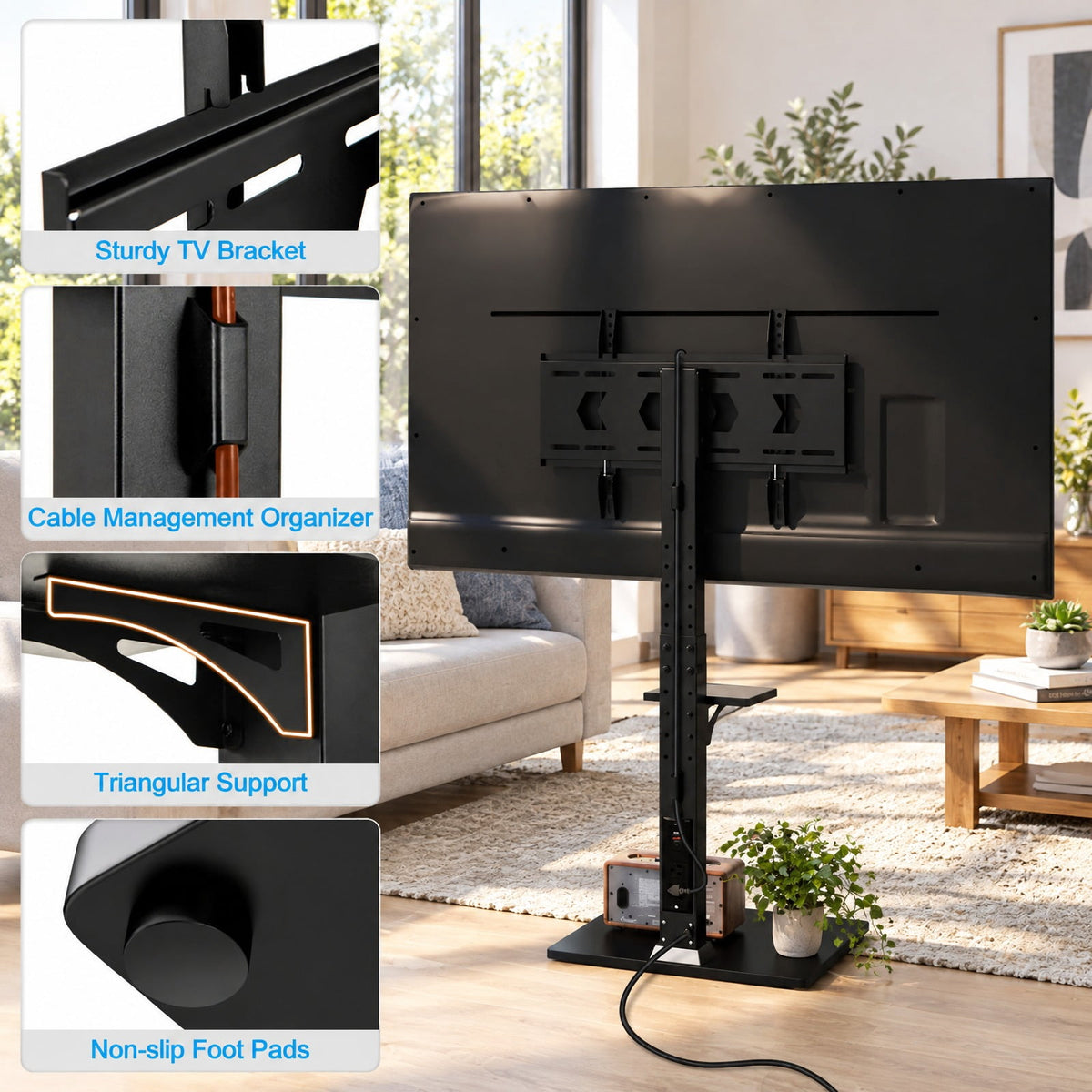 Airfind Tilt and Height Adjustable Floor TV Stand featuring Power Outlet and Adjustable AV Shelf, 110 lbs Capacity, MDF Metal Frame, Black