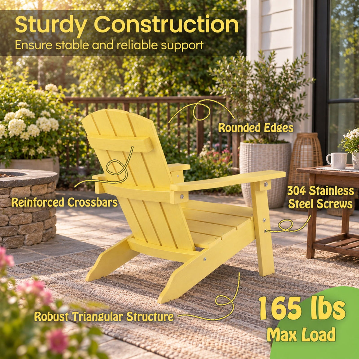 Airfind All-Weather HDPE Kids Adirondack Chair with with High Backrest and Armrests, 165 lbs Capacity, Wood-like HIPS Frame, Yellow