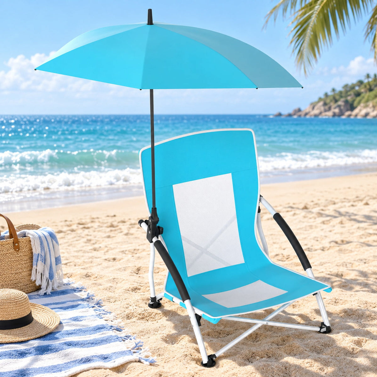AIRFIND Beach Chair with Adjustable Clamp-On Umbrella, Folding Frame, Mesh Panels, Padded Armrests and Carry Bag, Blue