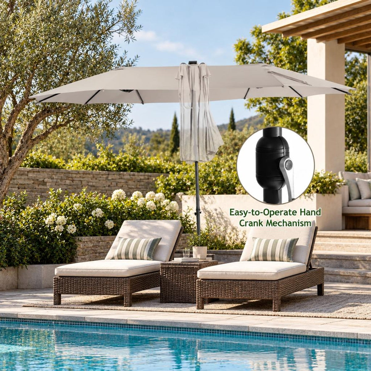 Airfind 15 Feet Twin Patio Umbrella with 48 Solar LED Lights, Steel polyester fabric Frame, 15.4 x 9.2 x 8 (L x W x H) Pole Footprint, Beige