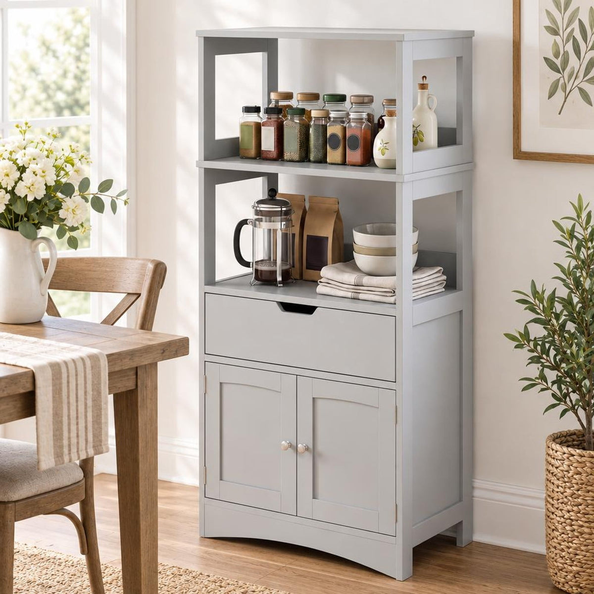 Airfind Bathroom Storage Cabinet with Open Shelves and Drawer, 110 lbs Capacity, Engineered Wood Frame, 24in x 13in x 48in Footprint, Grey