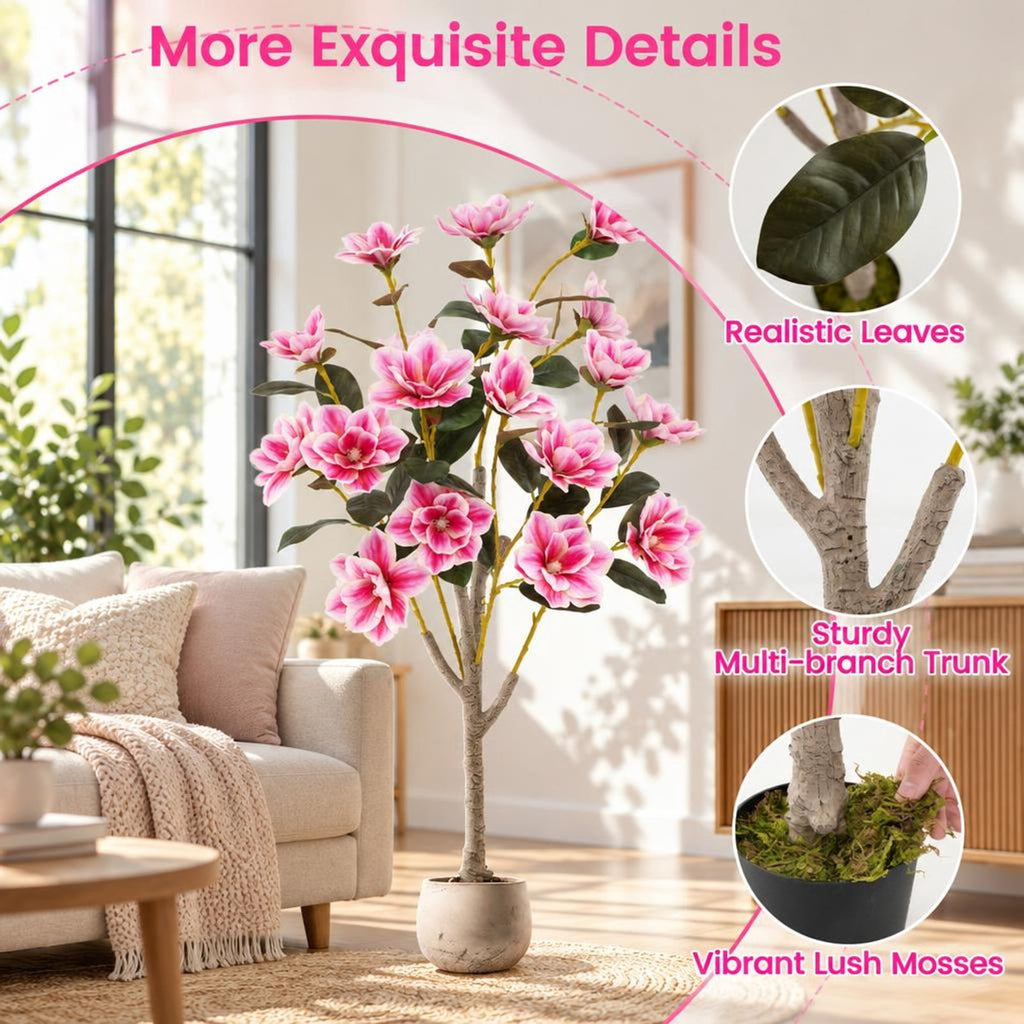 Airfind Faux Wedding Flower Plant with Elegant PEVA Leaves and Multi-branch Trunks, PEVA PE PP Cement Tree Height 51 Inch Flowerpot, Pink