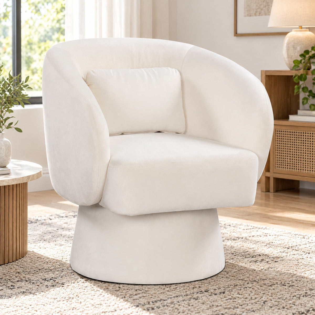 Airfind Swivel Accent Chair Upholstered Barrel Chair with Curved Back and Removable Lumbar Pillow, 400 lbs Capacity, 28.5 x 26.5 x 30.5 Footprint