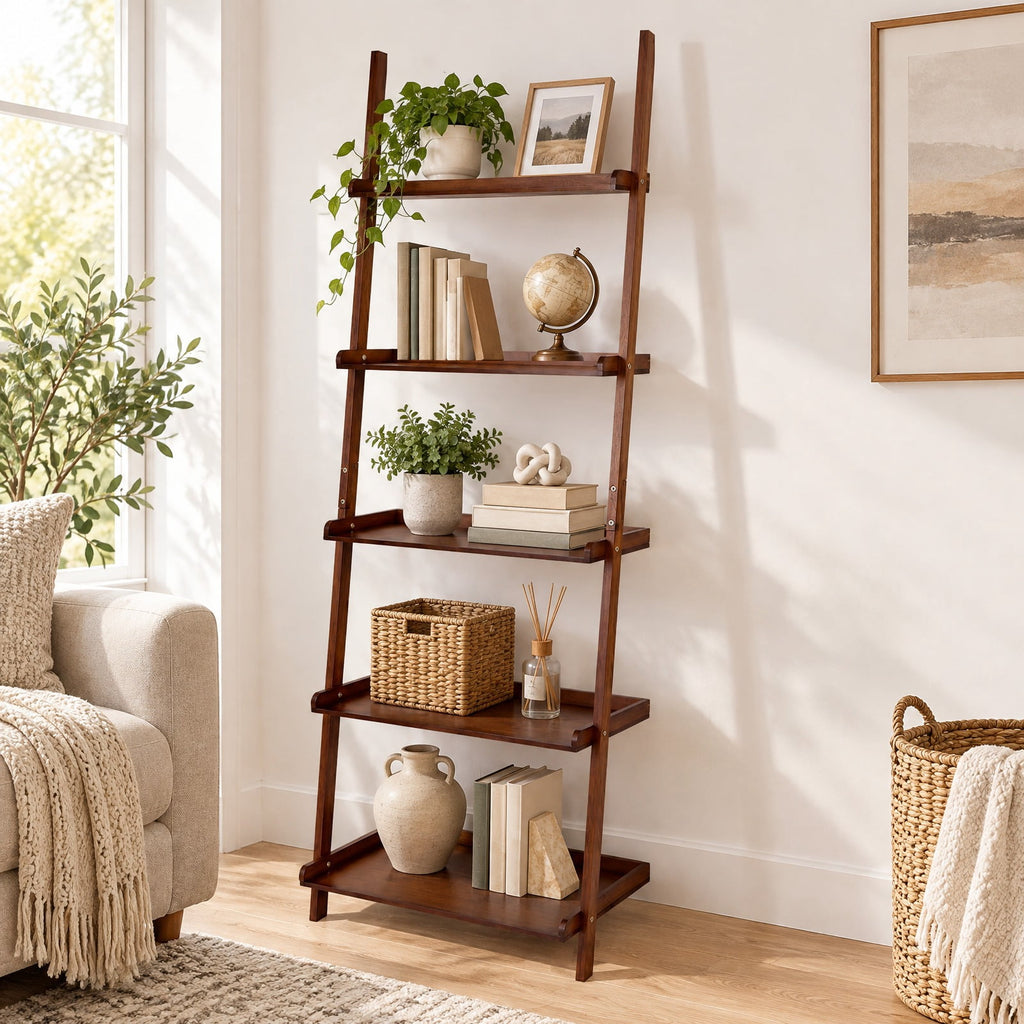 Airfind 5-Tier Ladder Shelf Bamboo Bookshelf Wall-Leaning Storage Display Plant Stand, Bamboo Frame, Walnut