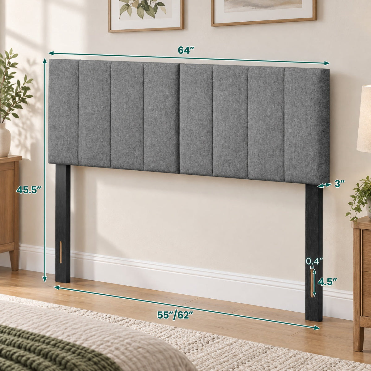 Airfind Linen Upholstered Headboard with Solid Wood Legs and Adjustable Width, Linen Fabric Sponge Rubber Wood MDF Frame, 64 x 3 x 45.5 Footprint