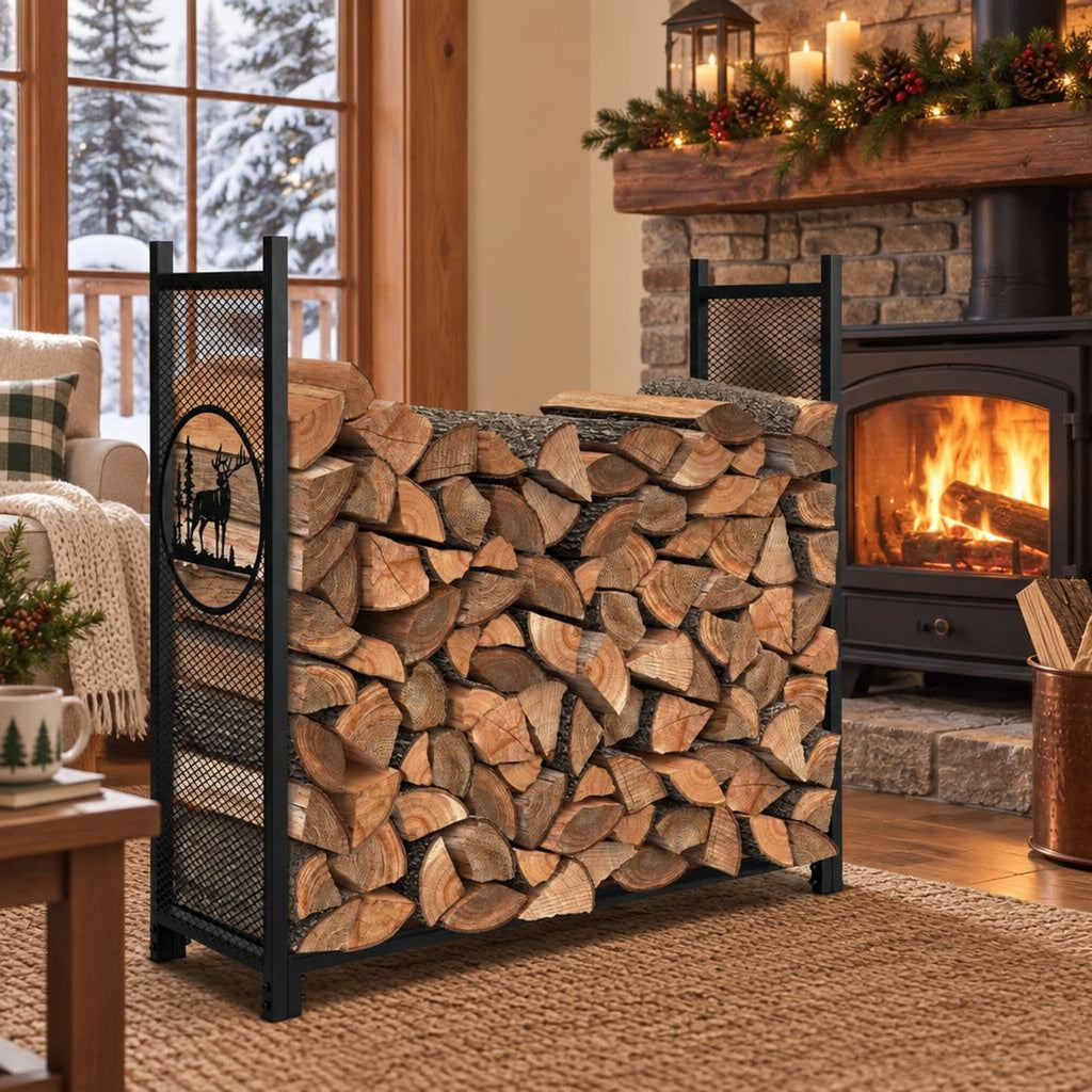 Airfind 4 Feet Firewood Rack Stand with Mesh Sides, 300 lbs Capacity, Metal Frame, 48 x 15 x 46 Footprint, Black