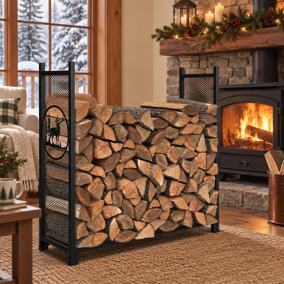 Airfind 4 Feet Firewood Rack Stand with Mesh Sides, 300 lbs Capacity, Metal Frame, 48 x 15 x 46 Footprint, Black