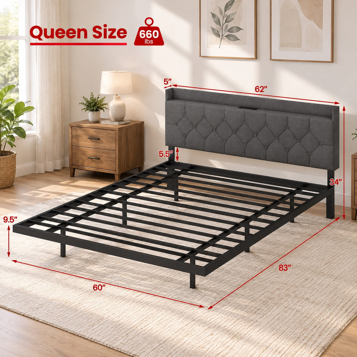 Airfind Full/Queen Size Floating Bed Frame with LED and Headboard and Charging Station, 660 lbs Capacity, 78.5 Inch x 55.5 Inch x 34 Inch Bed Platform Footprint