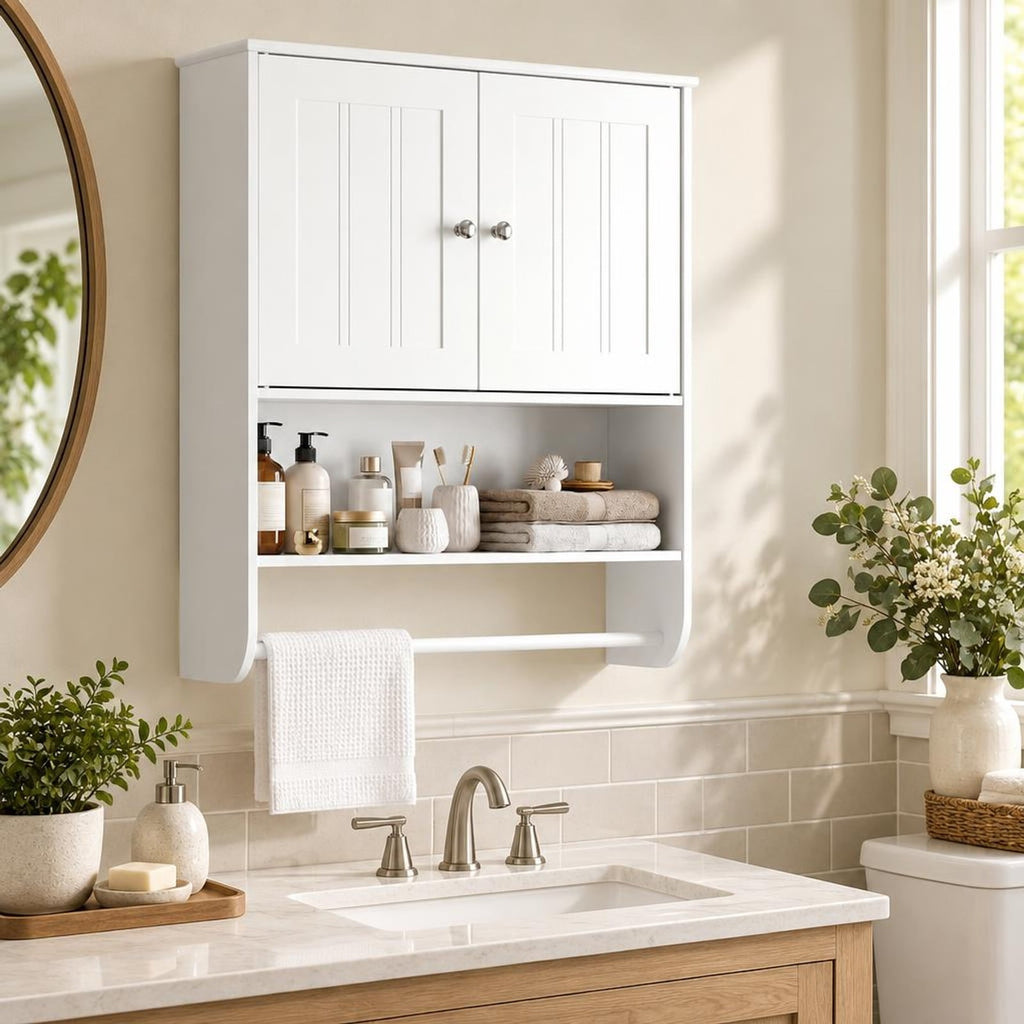 Airfind Bathroom Wall Cabinet with Towel Bar and Open Shelf and Adjustable Shelf, MDF Frame, 23.5in x 8in x 27.5in Footprint, White