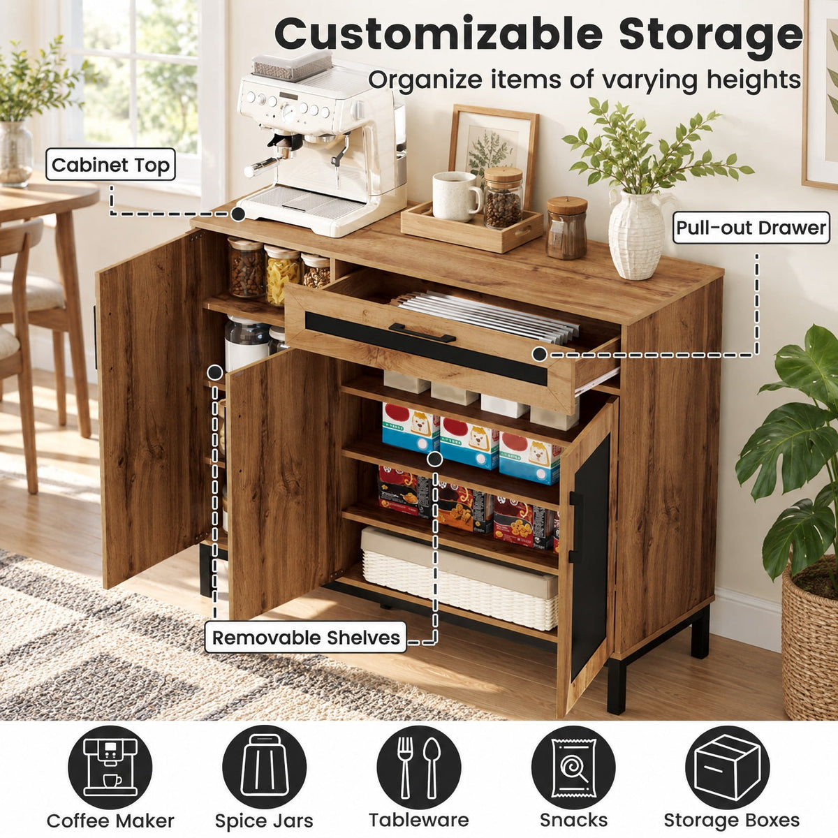 Airfind 48 Inch Sideboard Buffet Cabinet with Drawer and Metal Legs, 88 lbs Capacity, Engineered Wood MDF Frame, 48 Inch x 16 Inch x 37.5 Inch Footprint