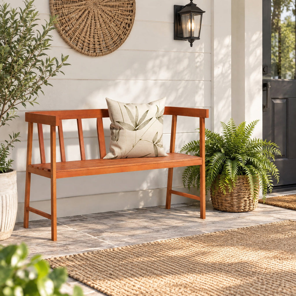 Airfind Outdoor Eucalyptus Wood Bench with Backrest and Armrests, 800 lbs Capacity, Eucalyptus wood Frame, Wood