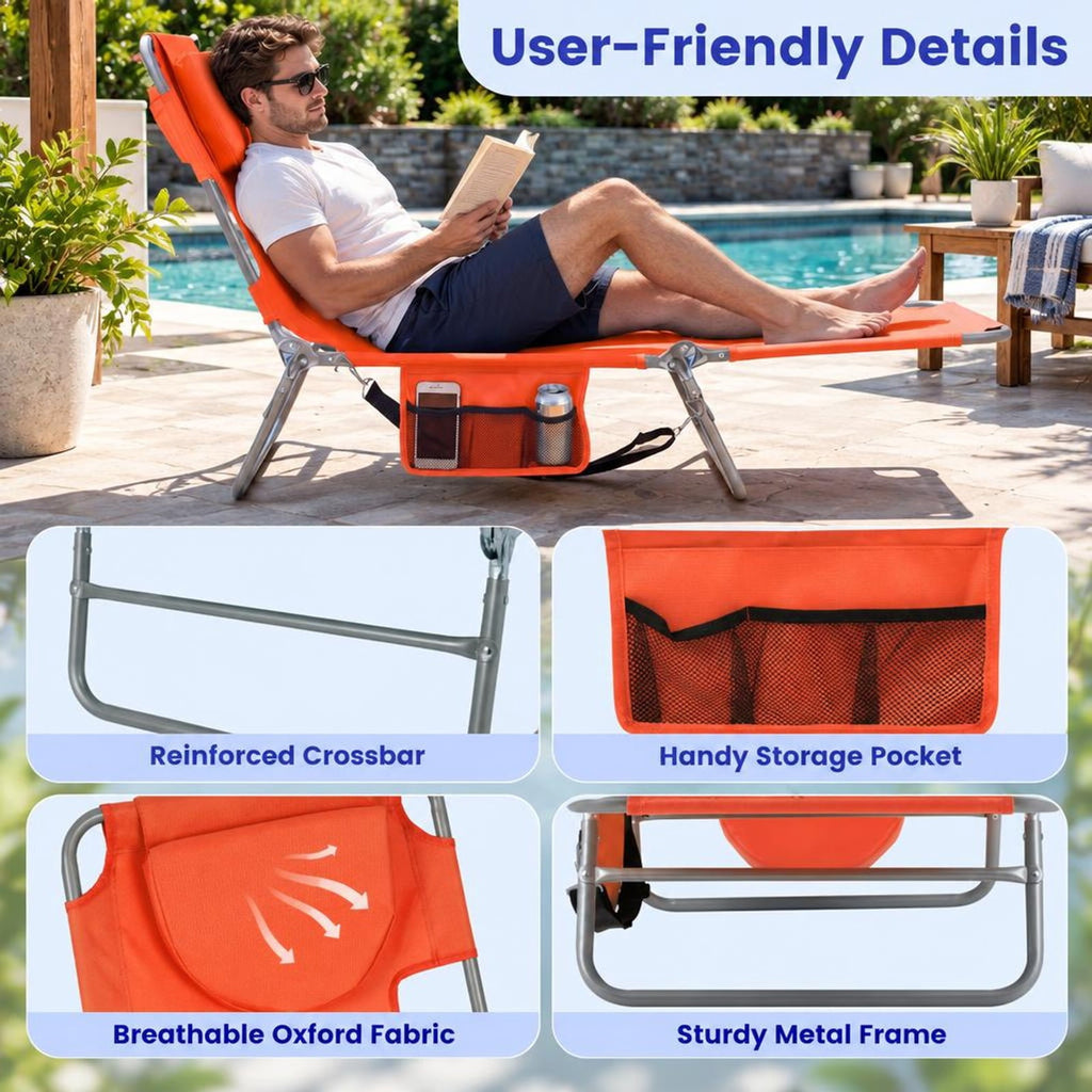 Airfind Folding Beach Lounge Chair with Adjustable Backrest for Lawn, 330 lbs Capacity, Metal Oxford Fabric Polyester Sponge Frame, Orange