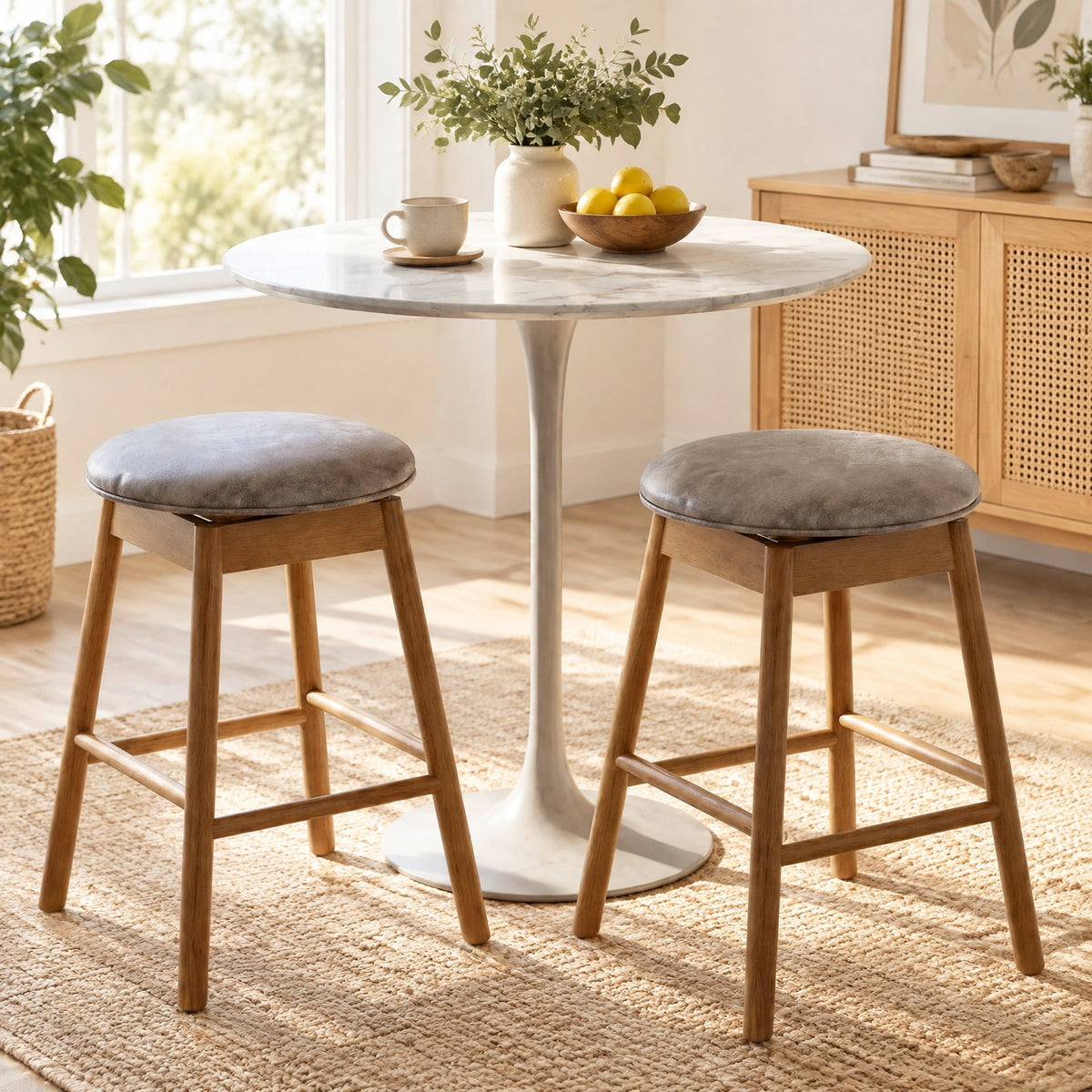 Airfind Swivel Counter Height Barstools with Solid Wood Legs and Footrests-Set of 2, 290 lbs Capacity, PU Leather Sponge Rubber Wood MDF Frame, Wood