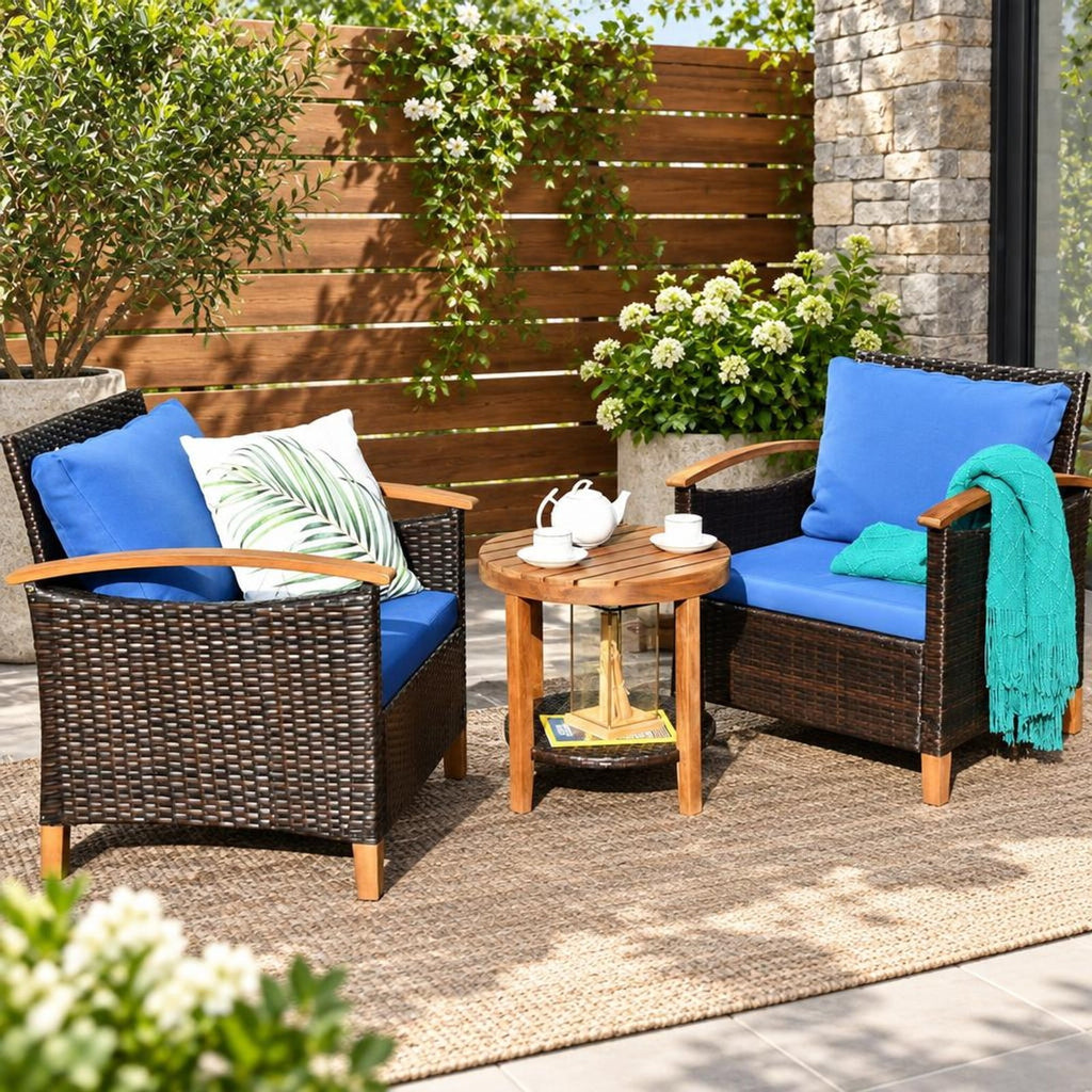 Airfind 3 Pieces Patio Rattan Furniture Set with Washable Cushion and Acacia Wood Tabletop, 360 lbs Capacity, 26 x 27.5 x 31 Footprint, Blue