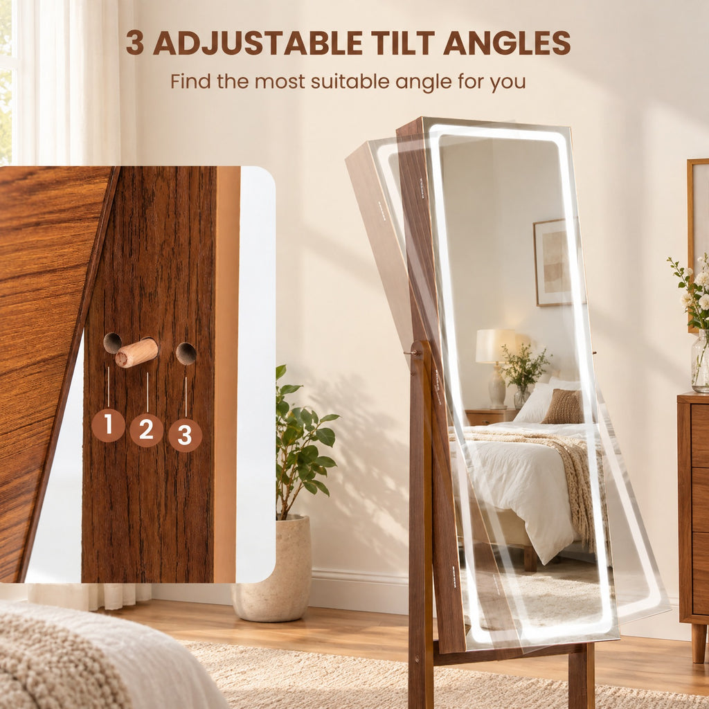 Airfind Lockable Jewelry Armoire Standing Cabinet with Lighted Full-Length Mirror, MDF Glass Acrylic Frame, 16 x 15 x 59.5 External Footprint